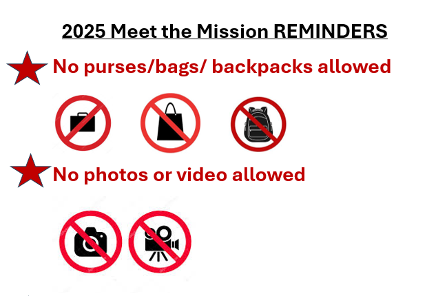 No purses, bags, or backpacks allowed. No photos or video. No purses, bags, or backpacks allowed. No photos or video.